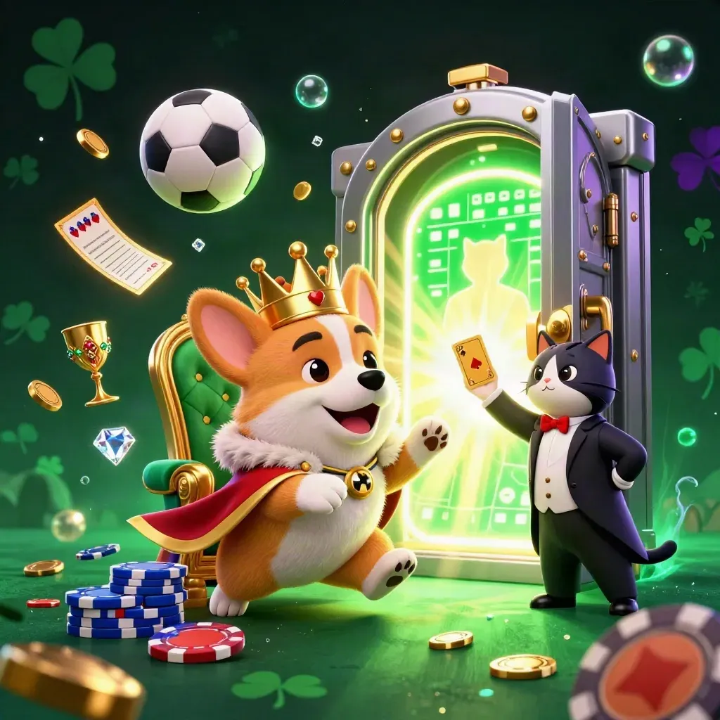 Royal corgi and cat butler amid vault light, gold, soccer ball, basketball, chips and casino sparkle.