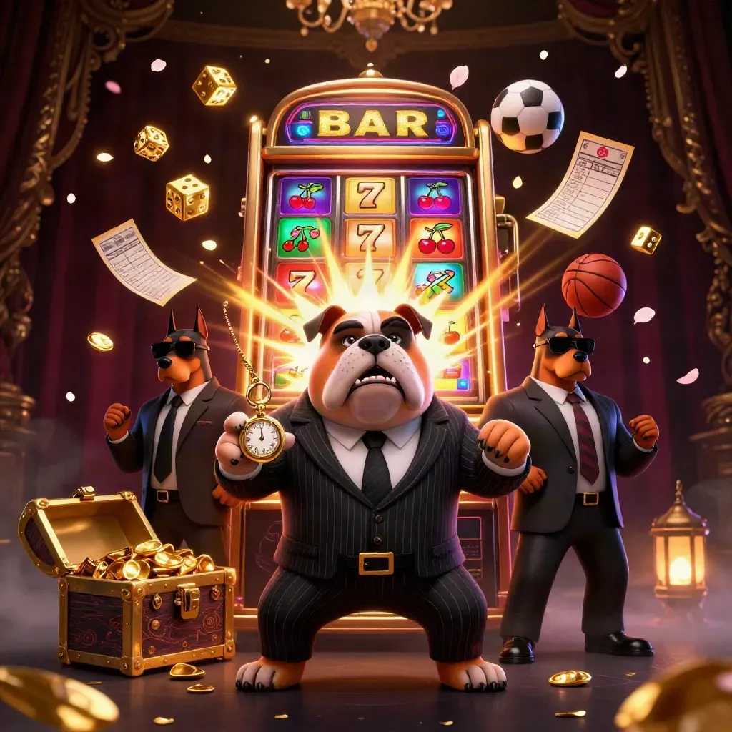 Bulldog mafia boss and Dobermans amid exploding slot machine, gold dice, and casino glow