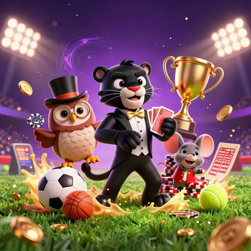 Panther, owl, and mouse amid flying sports balls, coins, and casino glow.