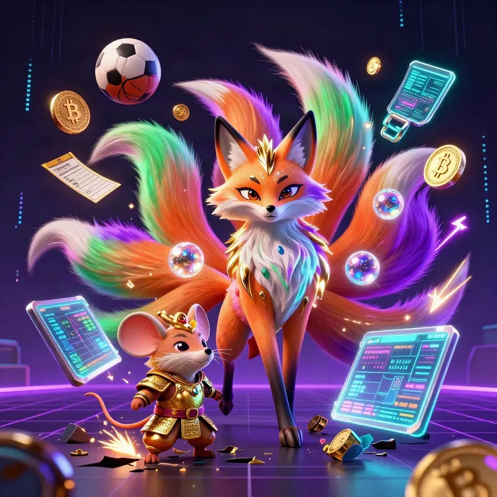 Fox spirit and armored mouse amid flying coins, balls, and neon casino energy