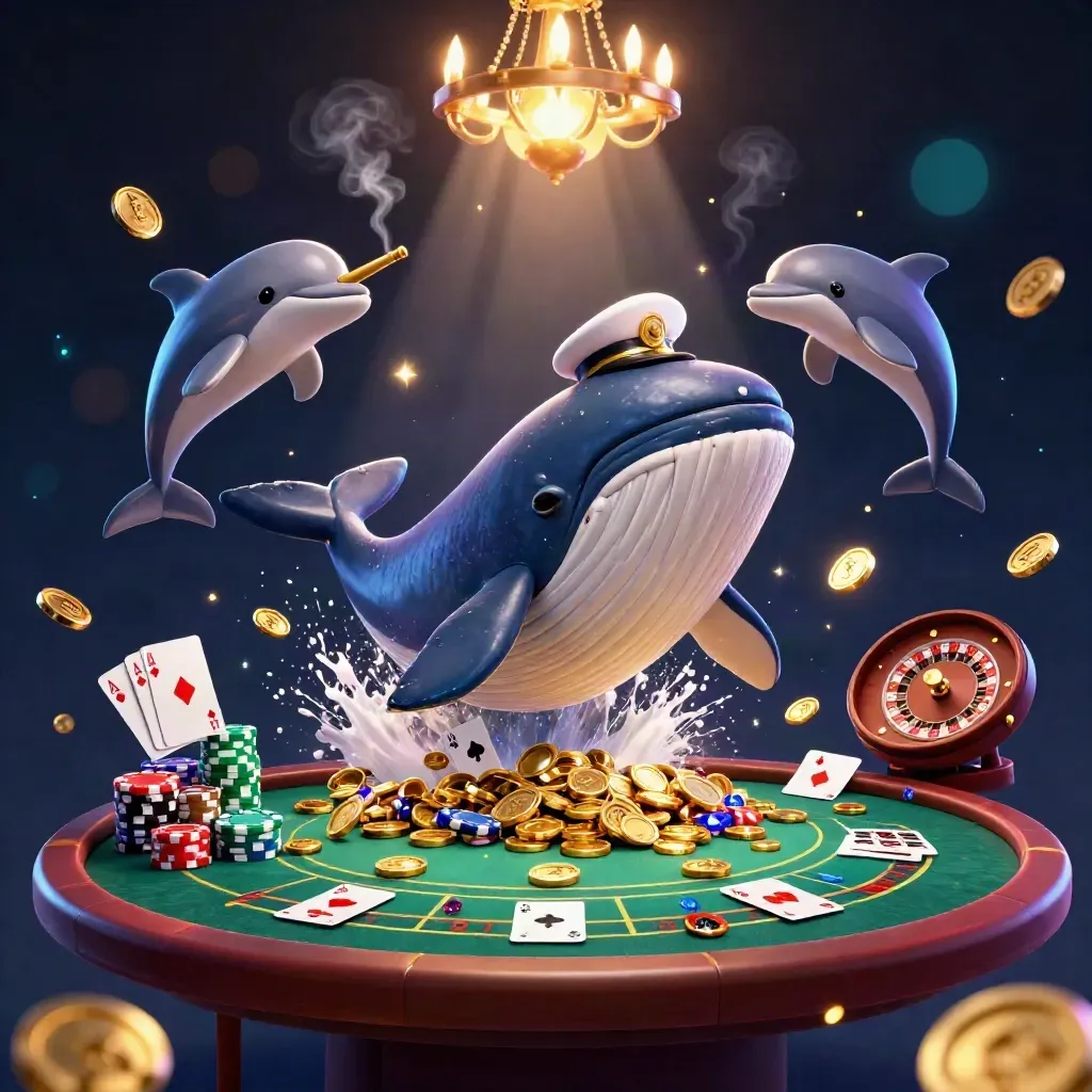 Whale captain, narwhal, and dolphins burst through casino coins under chandelier light.