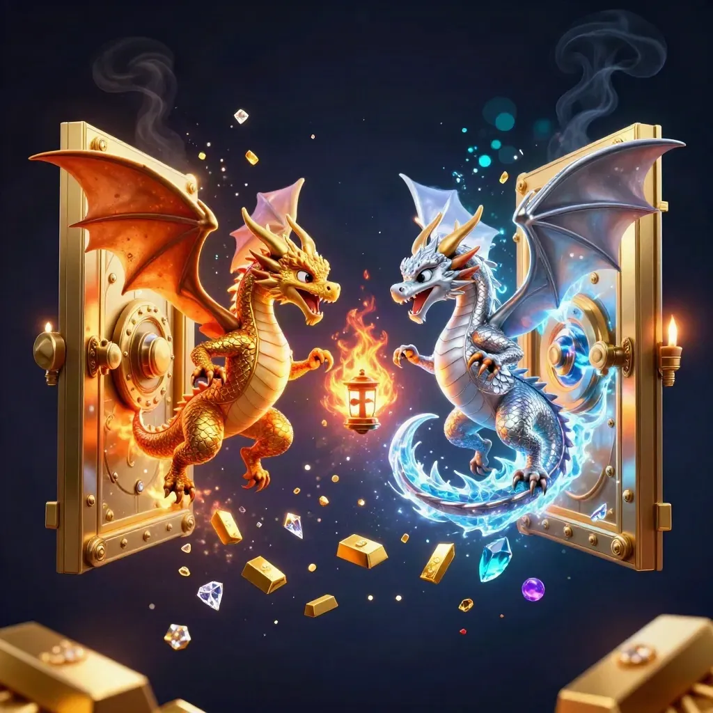 Twin gold and silver dragons spiral around a glowing vault as treasure and gems burst outward.