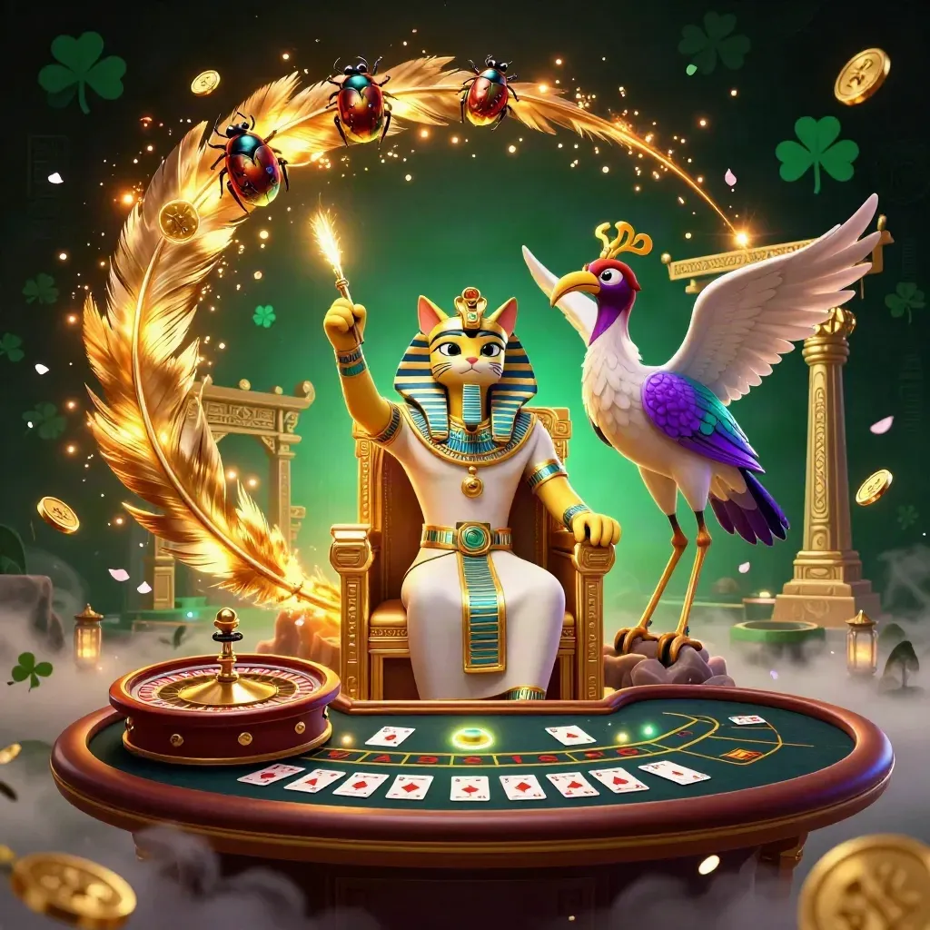 Pharaoh cat and ibis scribe in a luxe casino scene with spinning wheel, temple gate, coins, smoke, and glow.