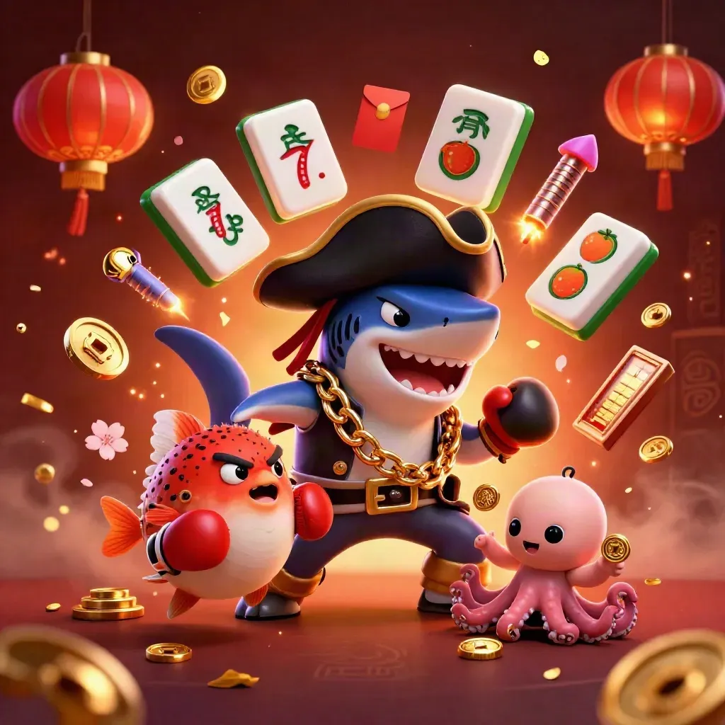 Pirate shark, boxing pufferfish, and juggling octopus amid gold coins, lanterns, and neon casino magic.