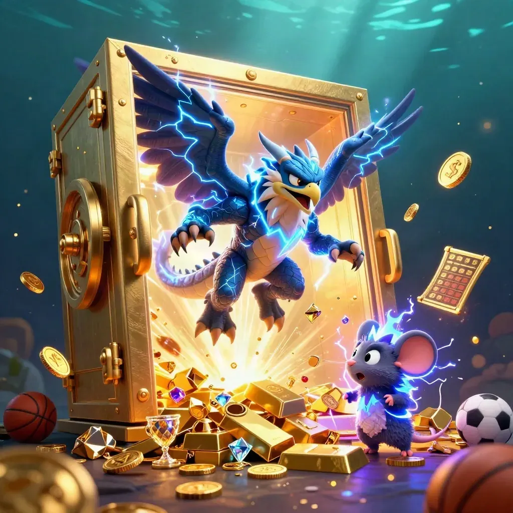 Thunder dragon, wind hawk and static mouse burst from a gold vault with coins, gems and sports bets.