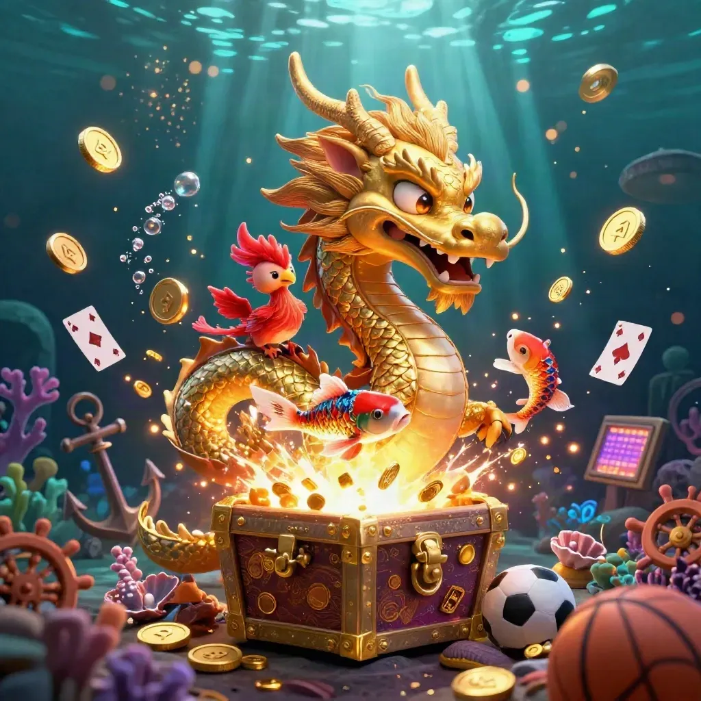Golden dragon, phoenix, and koi erupt with coins, treasure, and sports props underwater.