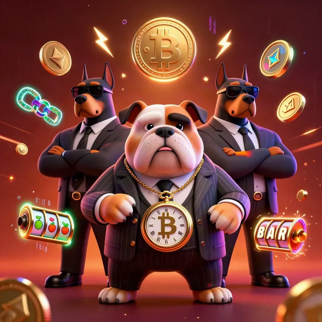 Bulldog boss and two Dobermans amid glowing coins, reels, and electric casino effects.