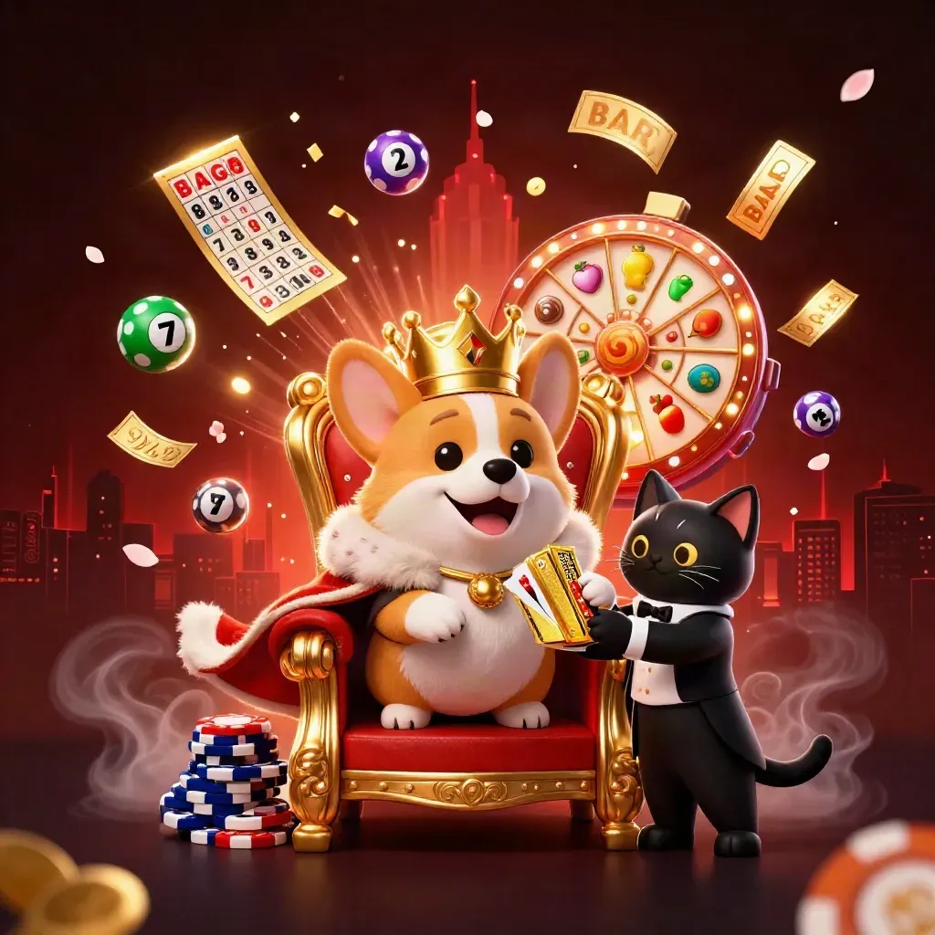 Royal corgi king and cat butler amid casino reels, chips, prize wheel, lottery balls, and neon glow.