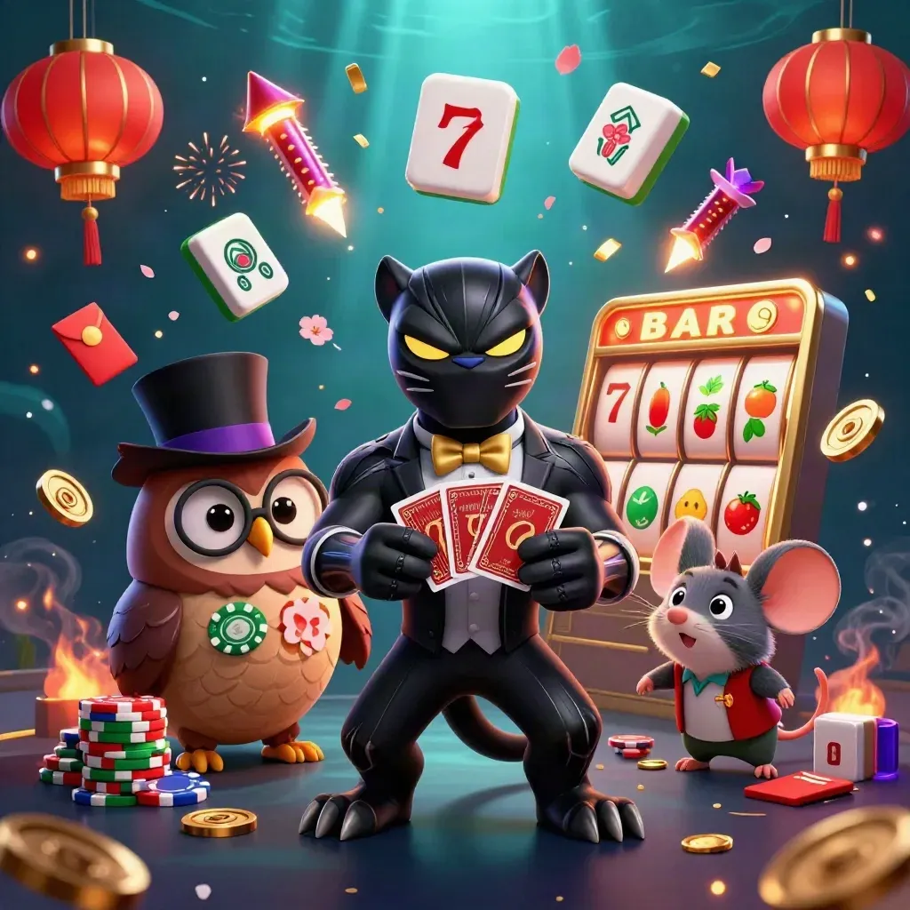 Panther, owl, and mouse deal casino cards amid gold lanterns, jade coins, and neon slot effects.
